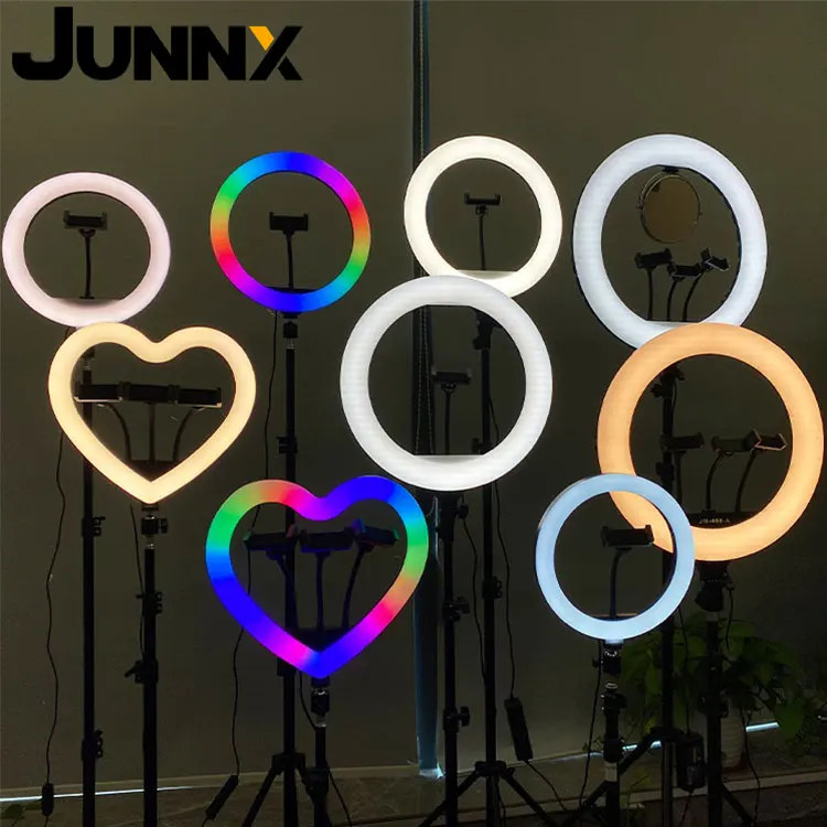 

JUNNX Video Selfie Anneau LED Ring Light Flexible 10 12 14 18 20 21 32 33 36 40 45 Pouces avec Trepied Miroirs