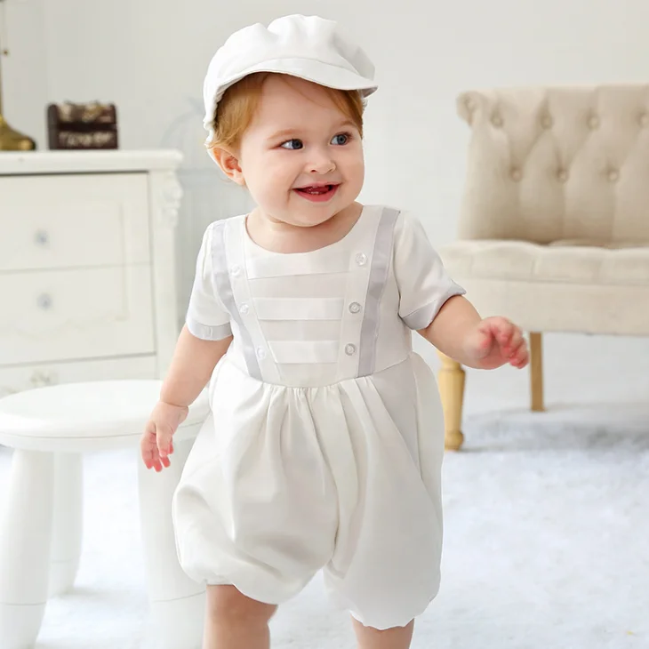 

European Boy Baby Child Christening Clothing White One-Year-Old Dress Boys Suits Romper with Hat Dress Two-Piece Set In Stock, Picture