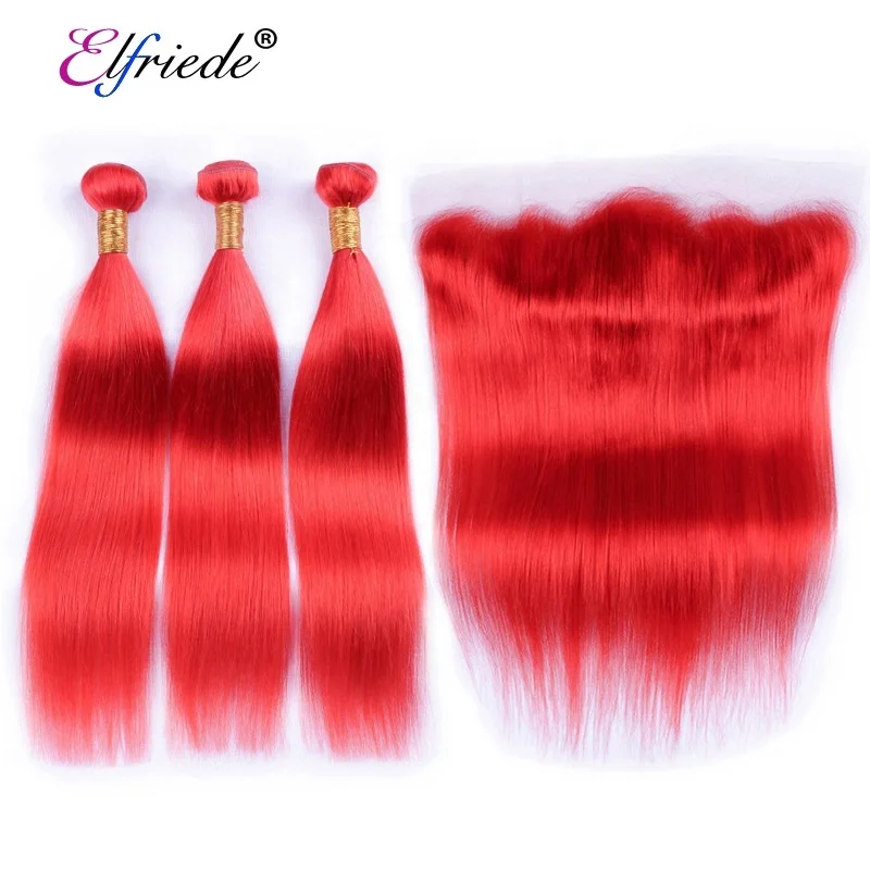 

Red Straight Hair Wefts with Frontal Brazilian Remy Human Hair Weaving Bundles with 13"x4" Lace Frontal Closure JCXT-34