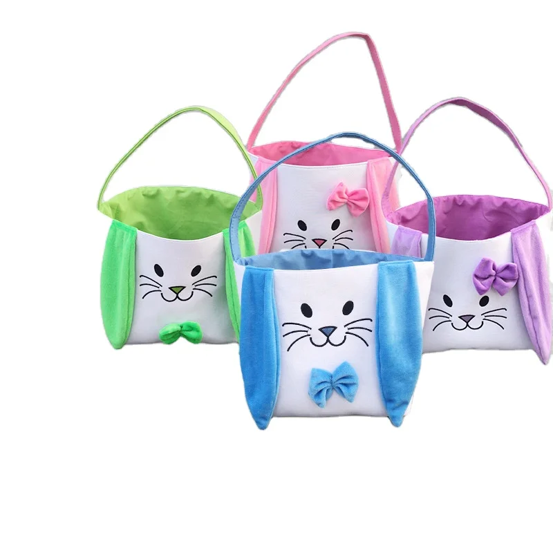 

New Cute Long Ears Bunny Bucket Easter Basket Rabbit Print Canvas Easter Egg Bag Party Gift Bags Candy Baskets Decoration