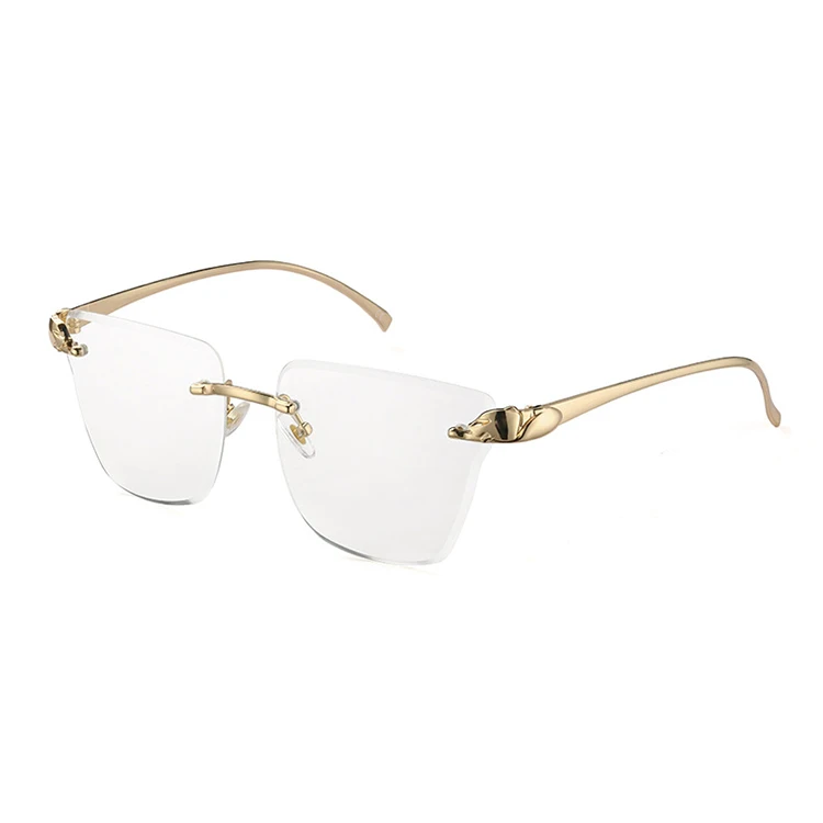 

Sunglasses men 2021 rimless high quality clear diamond cut lens sun glass gold metal cheetah frame design hip hop shades gne gzl