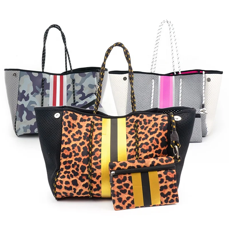 

Best selling neoprene beach bag 2021 wholesale leopard printing neoprene tote bag