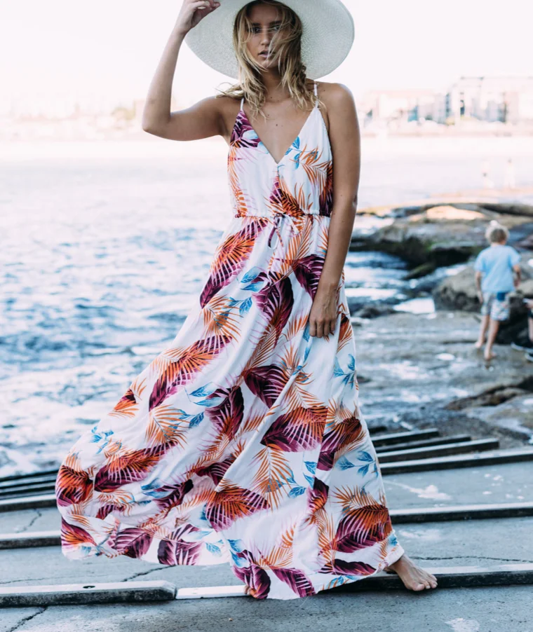 

fashion Casual elegant deep v neck chiffon ladies printed floral maxi summer beach dress