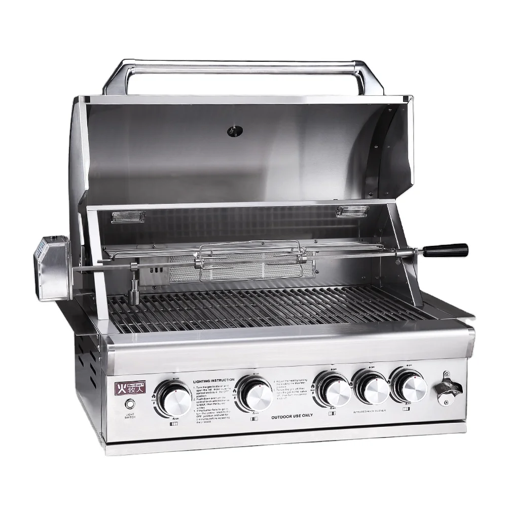 

Premium SS304 Grill Multifunction Kitchen Built-in Gas Charcoal Double Use Burner BBQ Grill with Rotisserie