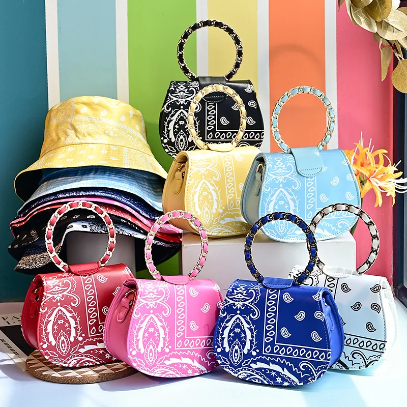 

Wholesale Women 2Pcs Bucket Hat and Bandana Purse Set Nile Bag Lady Hand Bag Purses And Handbags Set, White, yellow, red, purple, dark blue, black, rose, light blue