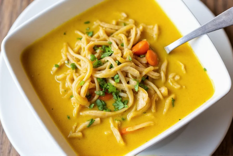 Ingredients for turmeric chicken noodle soup arranged on wooden table