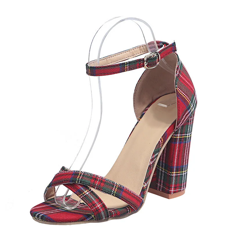 

Women's Cross-Strap Plaid High-heeled Sandals Wholesale, Red, black