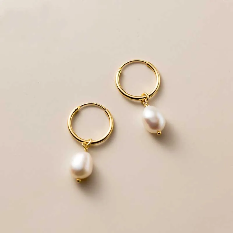 

Elegant 18K Gold Plated 925 Sterling Silver Irregular Pearl Dangle Clip Hoop Earrings S925 Silver Baroque Pearl Drop Earrings
