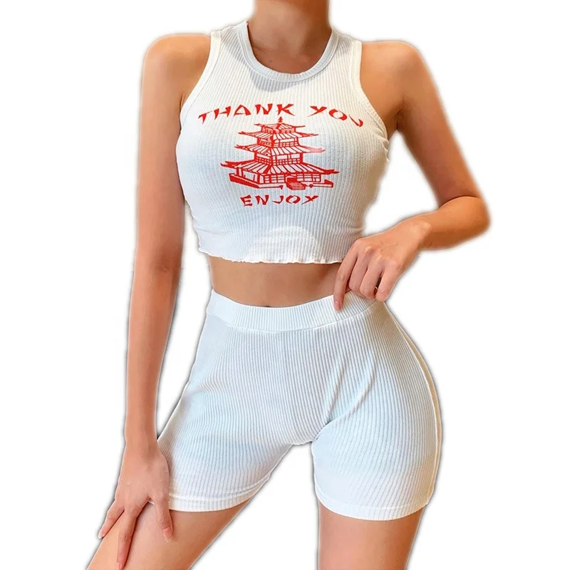 

2020 Amazon Hot Selling Yoga Tight Thank You Custom Print White Crop Top Tank Top Women, White, black