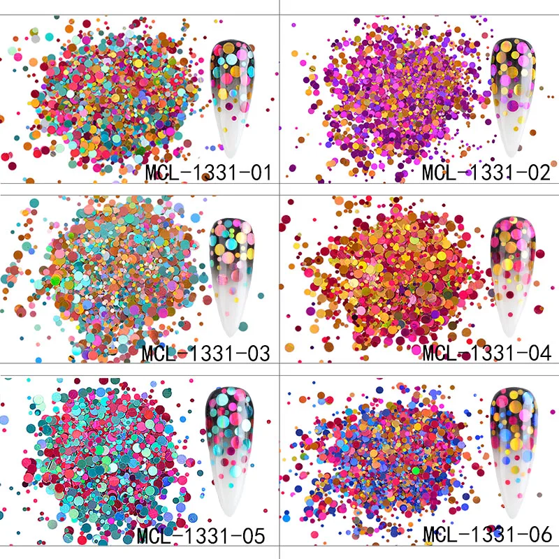 

High quality 6 colors round shape glitter mix nails for nail art decoration, 12 colors