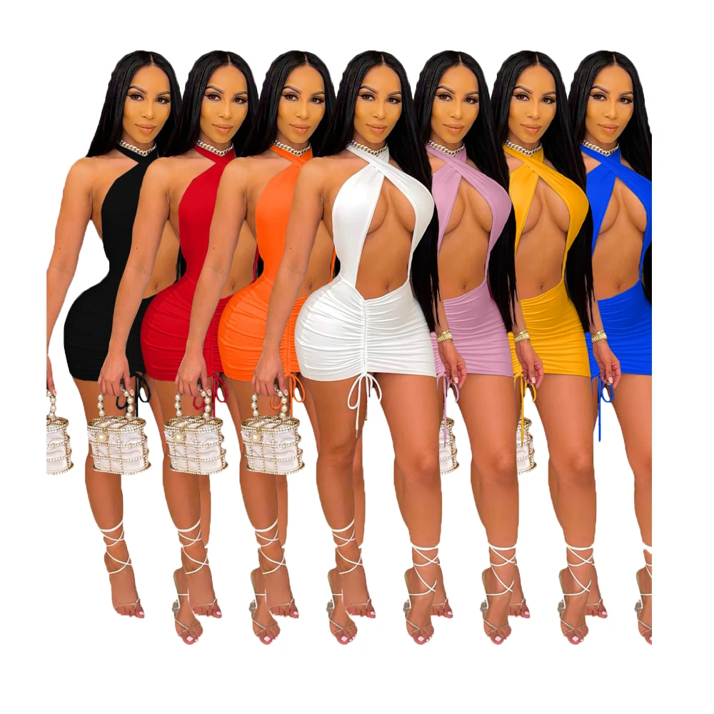 

Fashion Pure Color Hollow Halter Neck Pleated Dress Night Club Mini Sexy Dresses 2021, As picture
