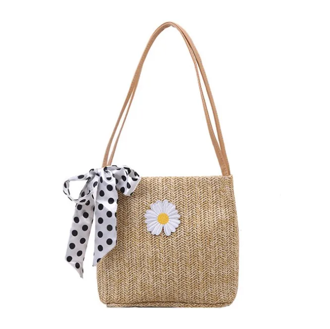 

New fashion woven bucket bag daisy handbag shoulder bag, White, brown