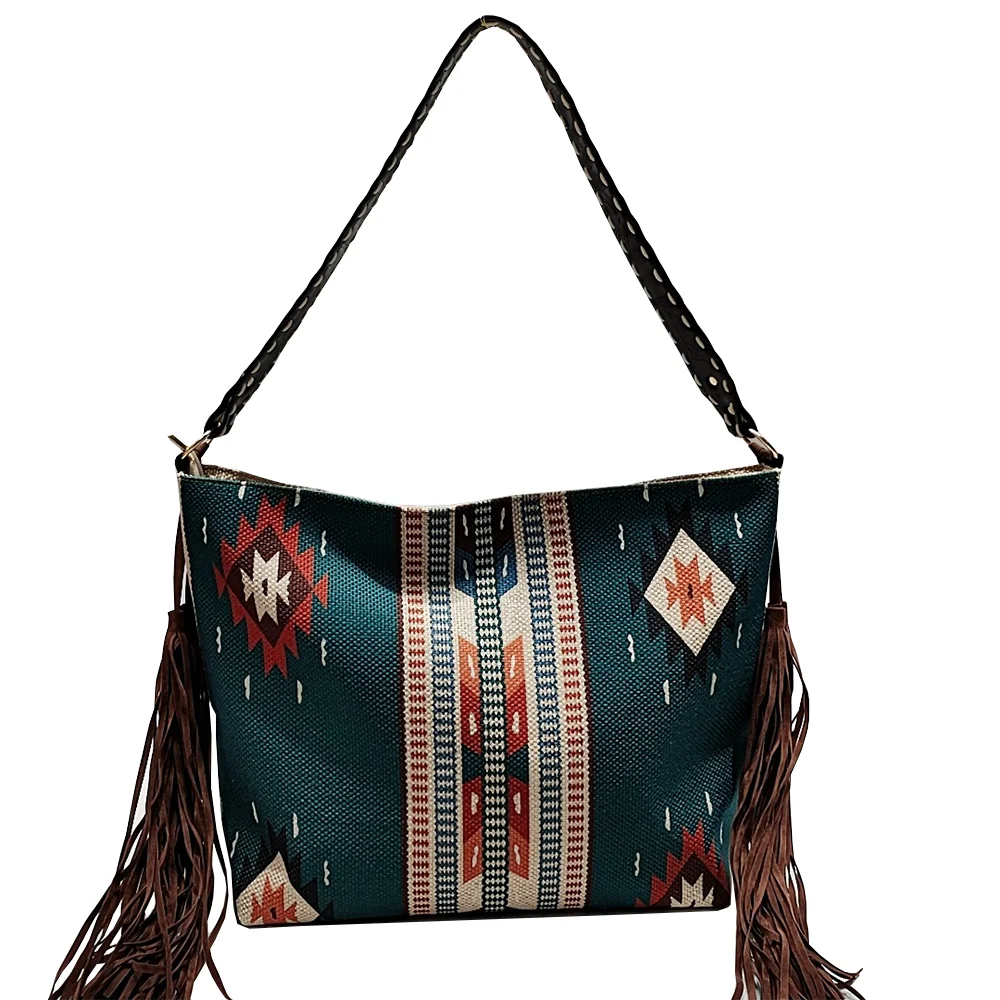 

Western Style Boho Aztec Print Crossbody Bag Saddle Blanket Purse With Fringe