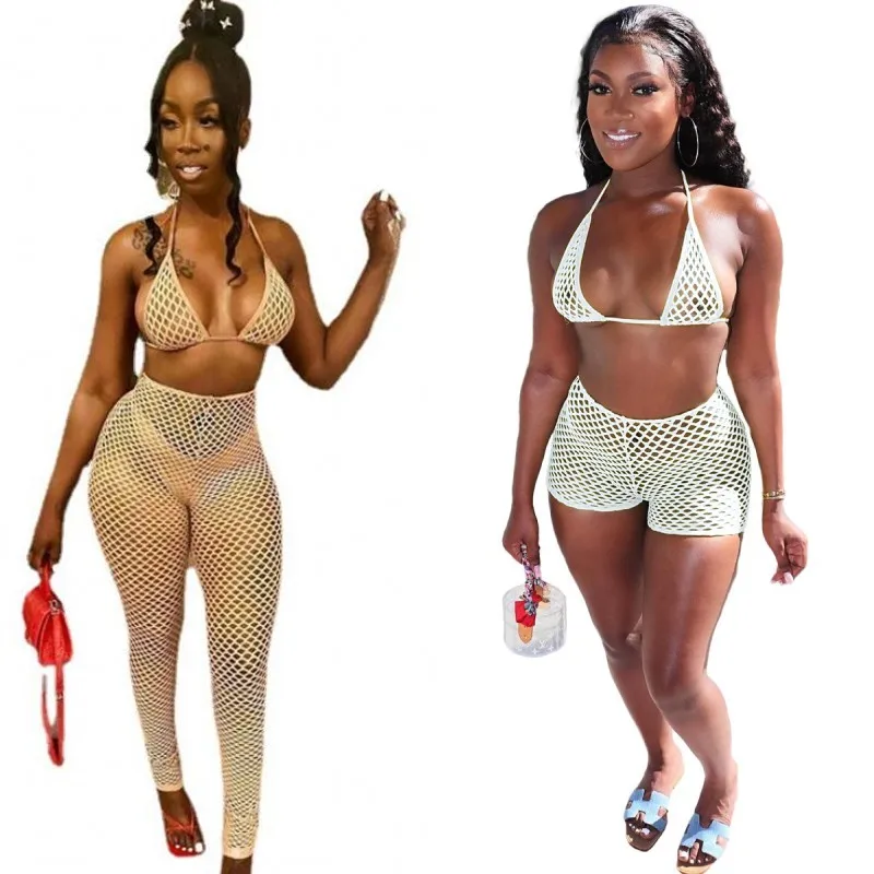 

See Through Hollow Out Sexy Short Set Women Two Piece Sets Outfits Summer Fashion Skinny Sleeveless Bikini Plaid Pants C13750