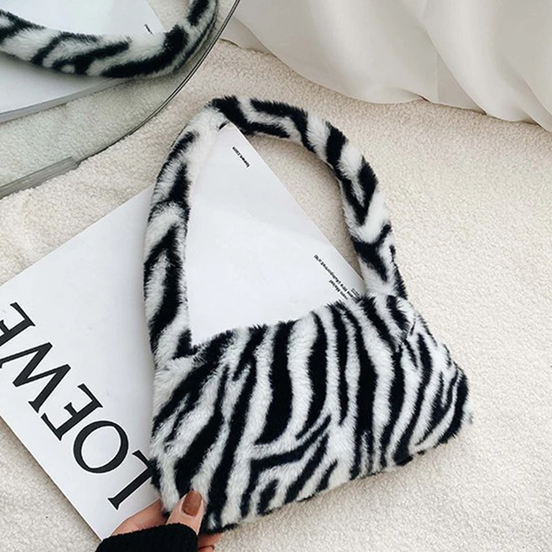

Vintage Zebra Pattern Shoulder Underarm Bag Female Plush Handbag Sac A Main