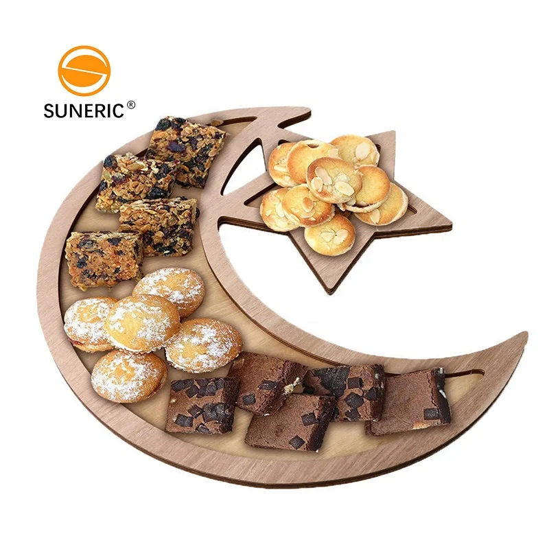 

Wood Decorations Tableware Dessert Pastry Candy Fruit Plate Moon Stars Eid Mubarak Ramadan Serving Trays, Natural color