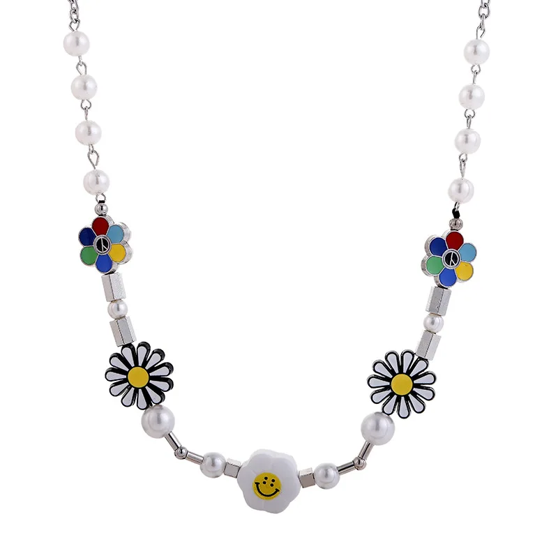 

Punk Dainty Colorful Flower Daisy Smile Face Pearl Chain Stainless Steel Bracelet Necklace Jewelry Set