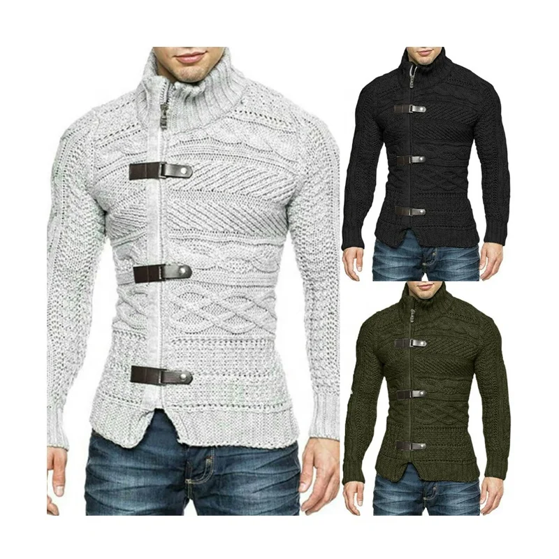 

Stand Collar Geometric Pattern Zipper Button Knitted Cardigan Sweater Coat Men, Black white green 6 colors