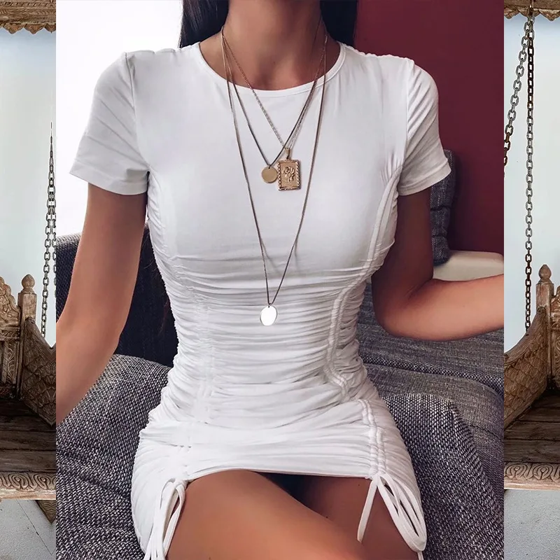 

White Ruched Pleated Bodycon Dress Women Drawstring Short Sleeve Mini Party Dress Solid Basic Skinny Casual Dress Short