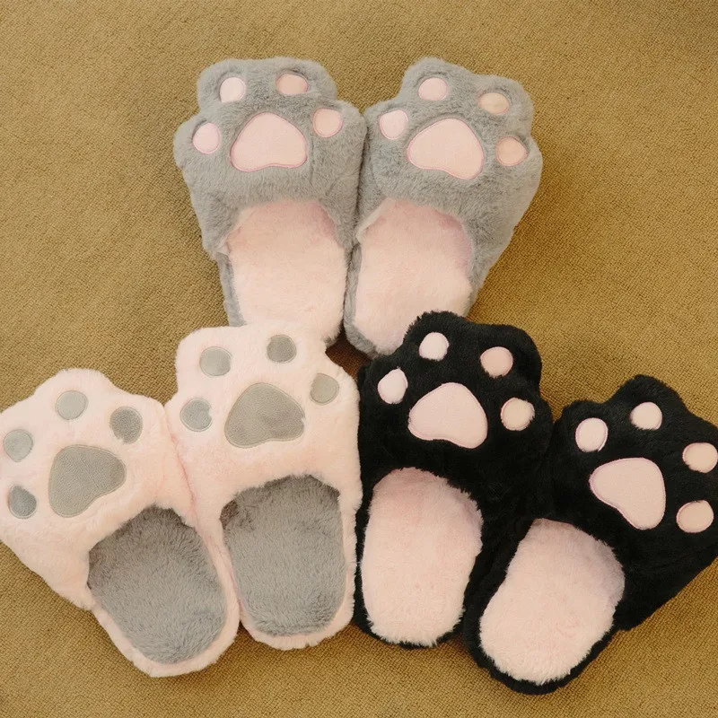 

Cute Cat Paws Plush Girls Winter Cartoon Home Warm Floor Cotton Slippers, As the picture display