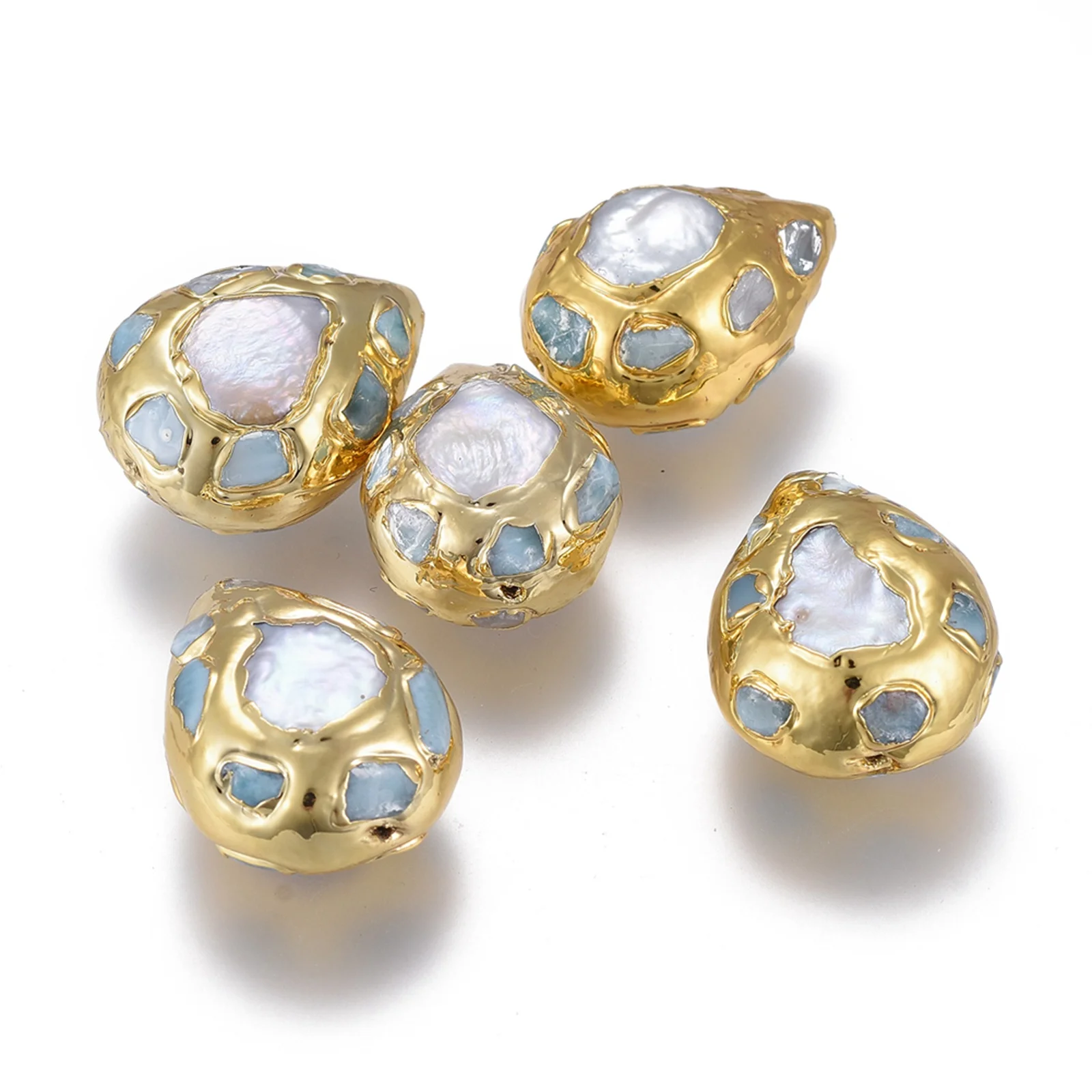

Pandahall Golden Natural Larimar Cultured Freshwater Teardrop Pearl Beads