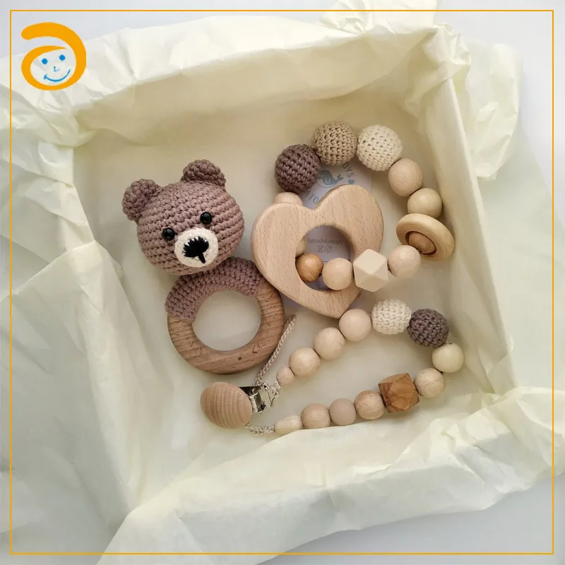 
Customized sensory organic baby crochet toy pacifier clip with wooden rattle gift set 