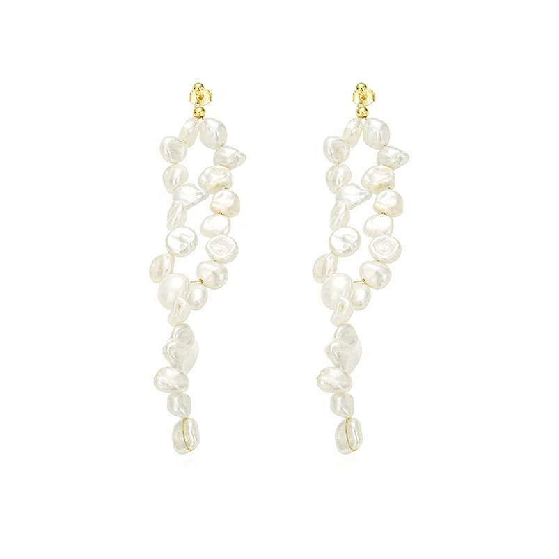 

Gemnel 925 sterling silver 18k gold plated gorgeous waterfall handmade design baroque pearl long drop earring