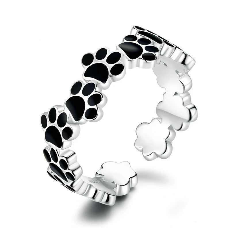 

Fine Fashion Women Platinum Plated Cute Open 925 Sterling Silver Black Enamelled Pet Paw Print Finger Jewellery Ring Rings