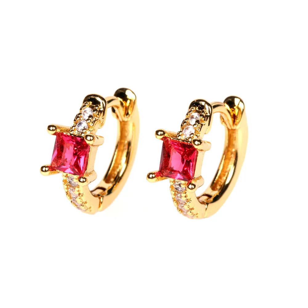 

Best Selling 24K Gold Plated Red Square Diamond Hoop Ear Clip Earrings CZ Zirconia Hoop Earring For Women Party