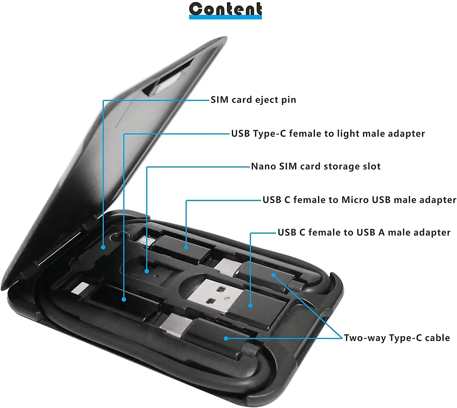 

Creative 6 In 1 Phone Holder Eject Pin Multi-Type Micro Card Type C Micro USB Adapter Cable Conversion Portable Storage Box