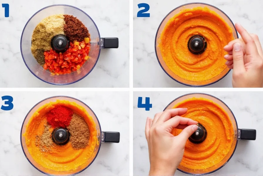 Step-by-step preparation of red pepper hummus showing ingredients being blended in food processor
