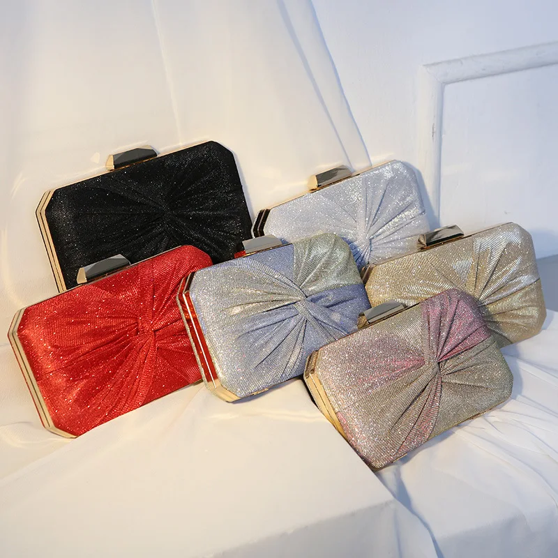 

Lady Shining Pleated Sequin Evening Clutch Bag Dinner small Purse Knit Bowknot Bridal Clutches Wedding Chain Shoulder Bag