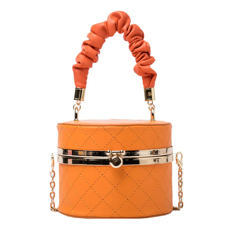 

2021 Solid Color PU Leather Round Box Barrel Bag Small Tote Women Mini Purses and Handbags