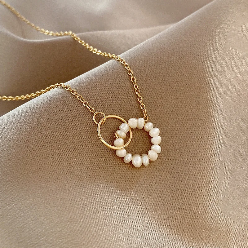 

Trendy 14K Gold Plated Titanium Steel Freshwater Pearl Circle Necklace Baroque Pearl Double Hollow Round Pendant Necklace
