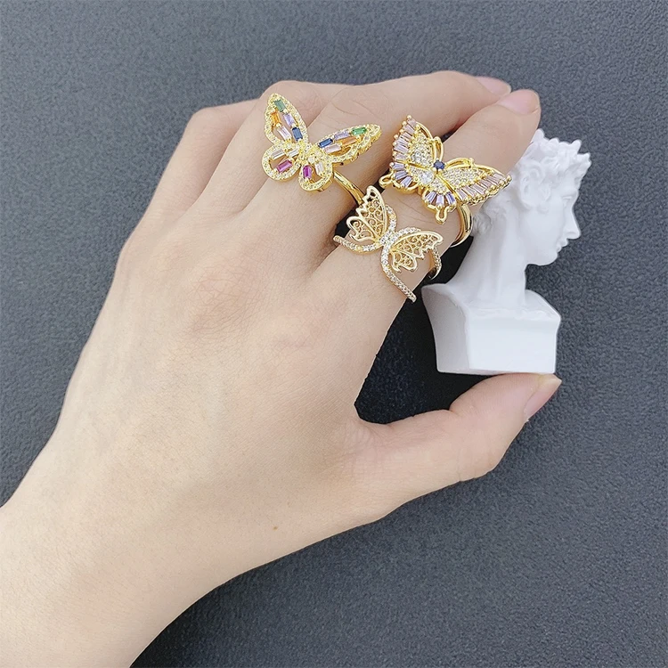 

2021 fashion ring for women with colored zircon adjustable butterfly ring