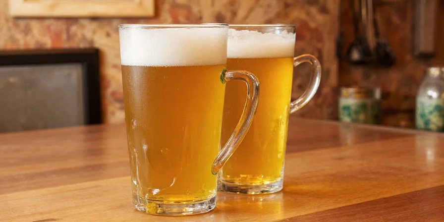 Two friends clinking glasses of homemade mustard beer with a backdrop of spices and brewing gear