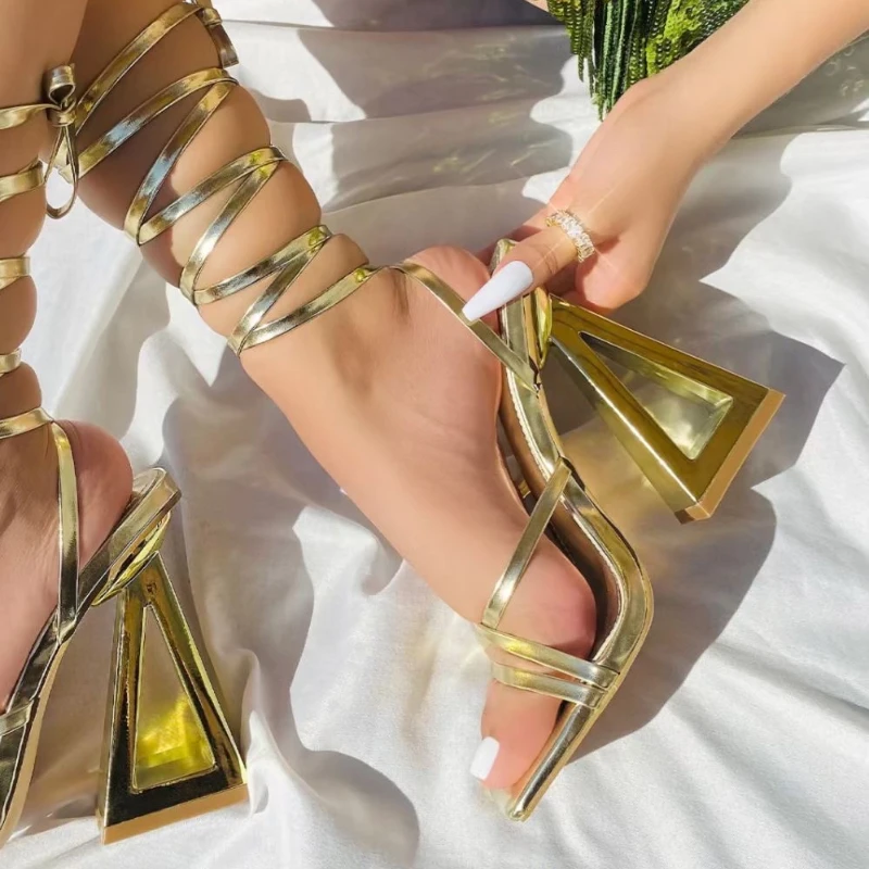 

Triangle Fashion Sandalias Elegantes Strappy Summer Square Toe Sandal Block 2023 Gold Heel for Women
