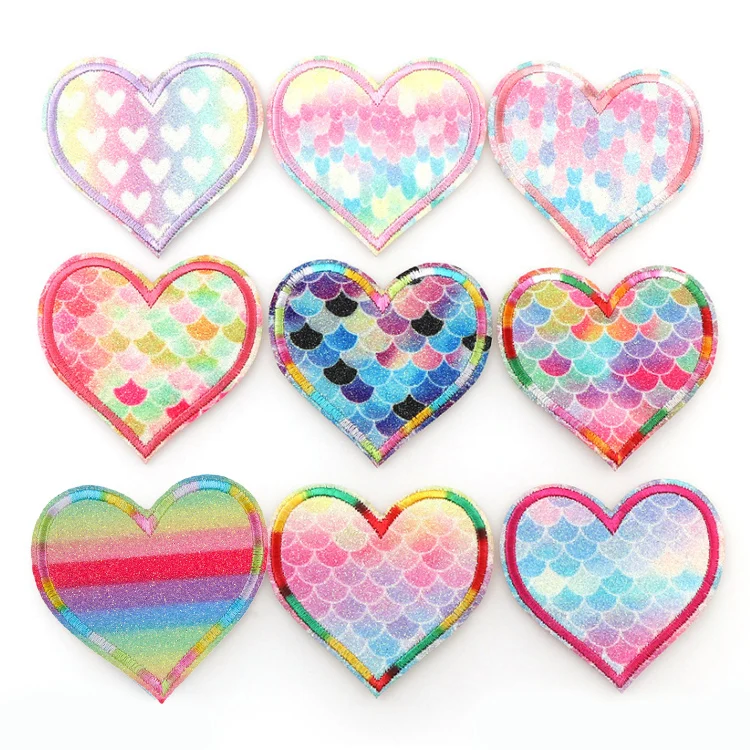 fashion gradient colored iron on embroidered glitter heart patches applique for clothes bag hat