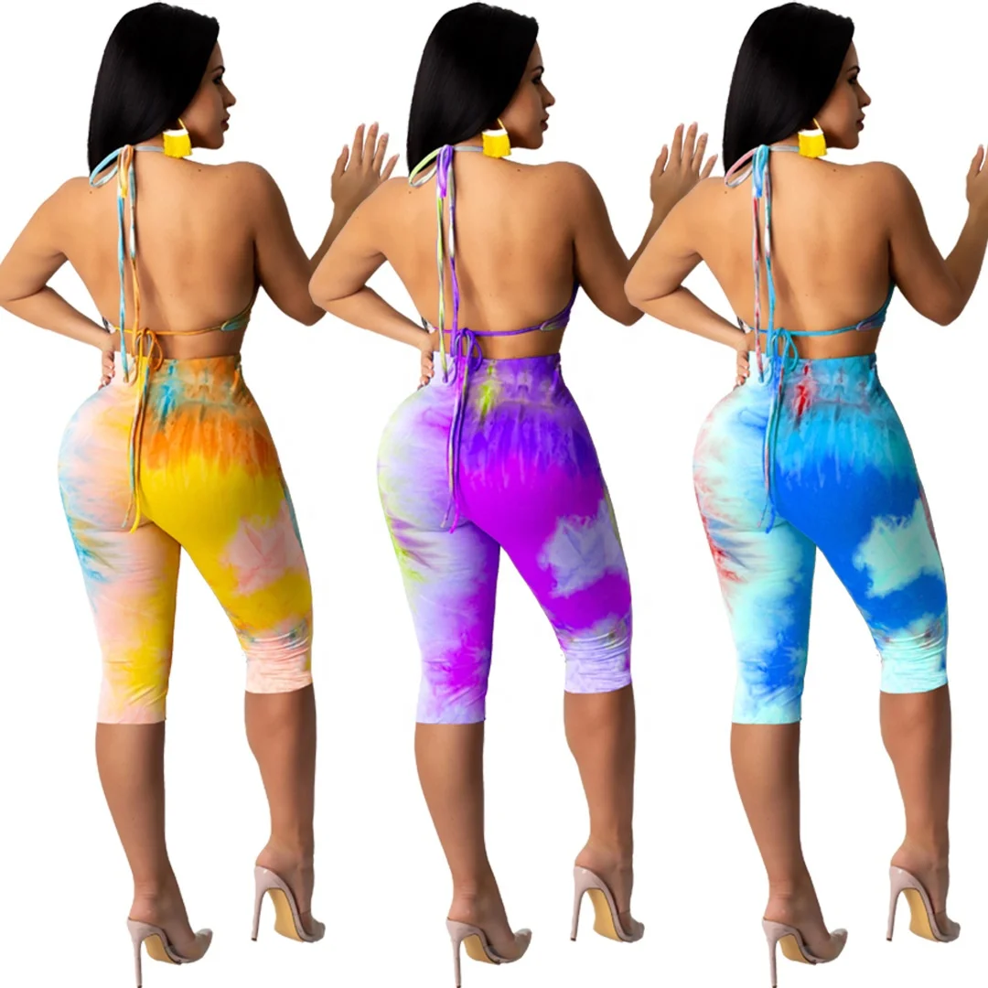 

MT118-9090 Women's fashion casual sexy tie-dye printing halter straps nightclub style tube top five-point pants two-piece suit