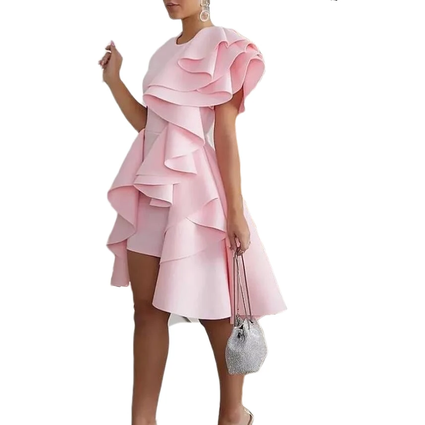 

2019 New Elegant Pink Cute Out Ruffles Bodycon Prom Party Wear Dress For Women