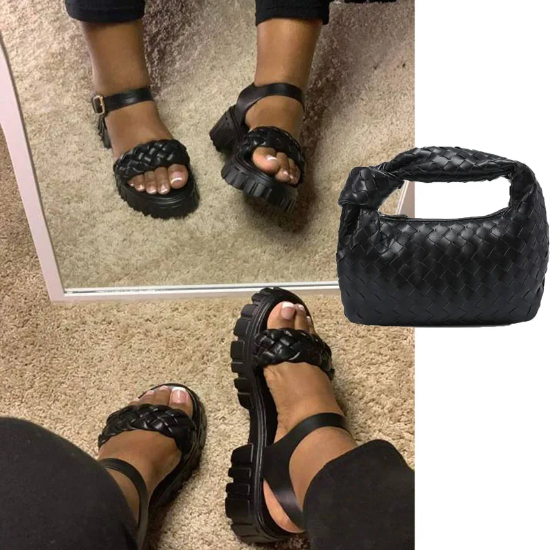 

2022 Summer Shoes Woman Flats Sandals Women Soft Leather Buckle Casual Open Toe Chunky Platform Wedges Sandals Matching Bags Set, As picture