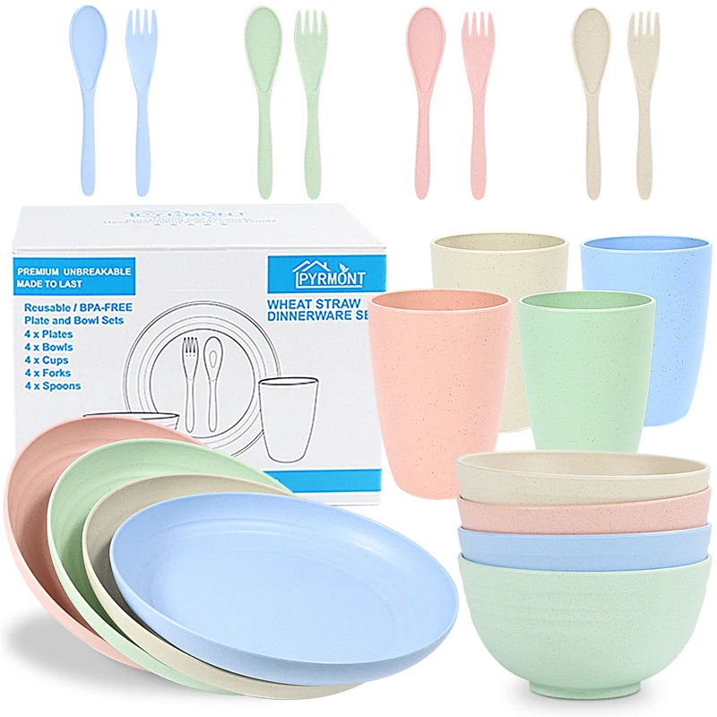 New Sinoge Design 28pcs Eco Friendly Unbreakable Dinnerware Set Wheat Straw Cutlery Cups Bowl Plate Dinnerware Sets