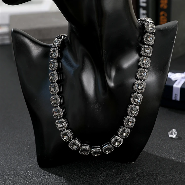 

European American Square Zircon Necklace Hip Hop Bling Chain Fashion Boutique Accessories Black Sliver Gold Plated Cuban Chain