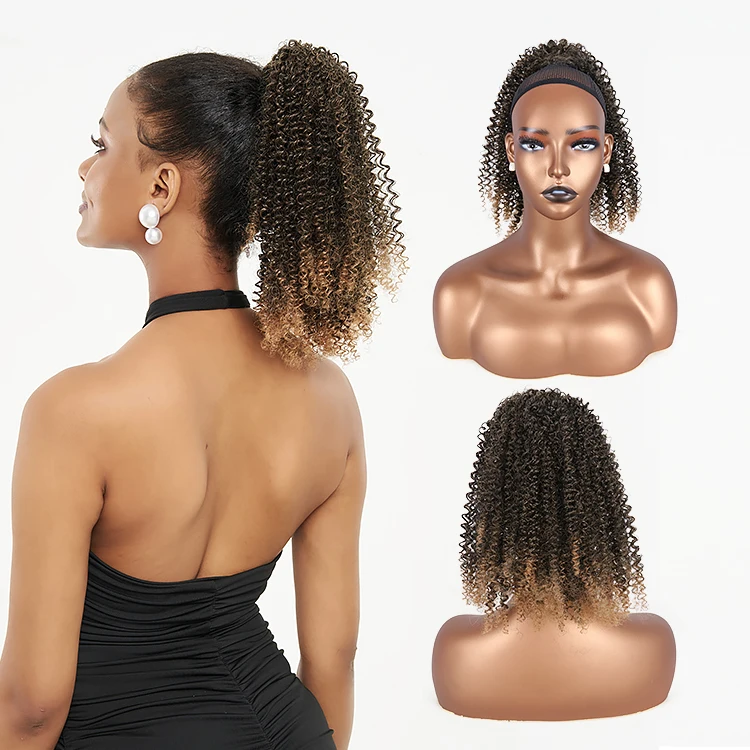 Julianna 14 Inch Kanekalon Futura Kesia Afro Short Black Gray Kinky Curly Synthetic Hair Drawstring Ponytail Extensions