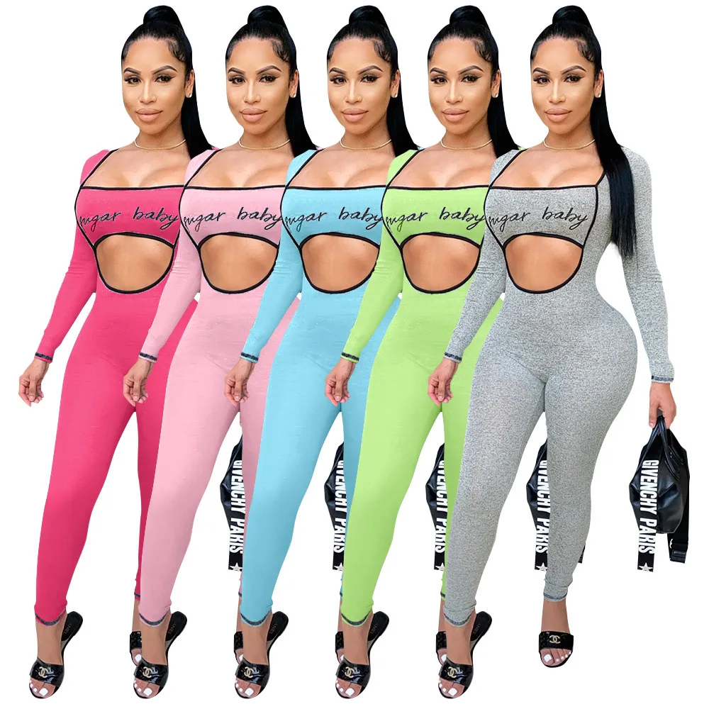 

Wholesale Hot Sale Amazon Cotton Letter Tube Top Hollow Long Sleeves Slim Fitness Sexy Rompers Womens Jumpsuit, Shown