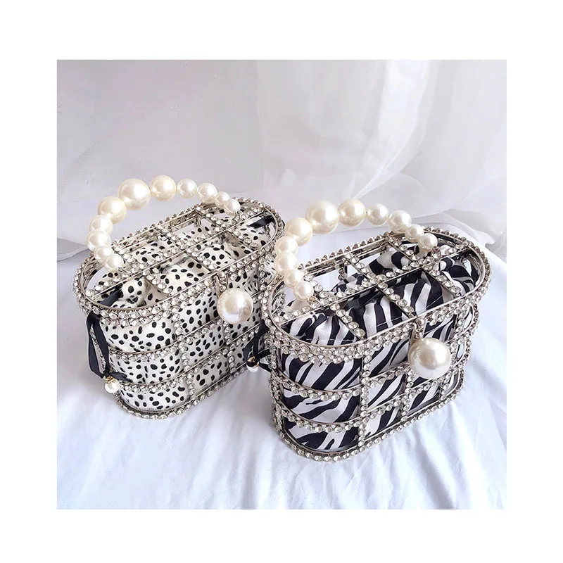 

Diamonds Basket Evening Bags Women New Luxury Pearls Handle Metallic Cage Zebra Print Clutch Purses And Handbags Sac Femme
