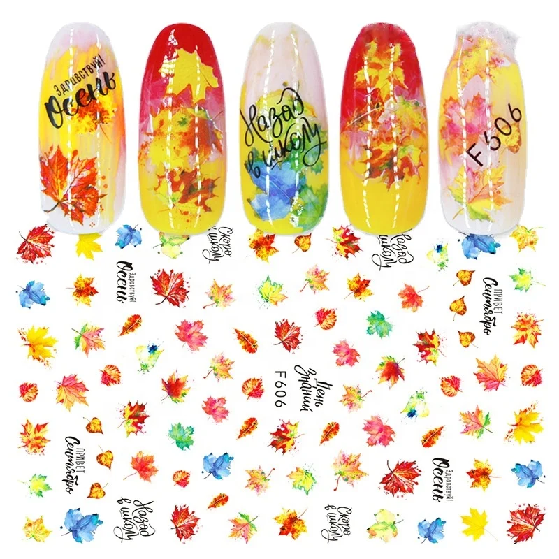 

1 Sheet Maple Leaves Manicuring Decals Fall Leaf Flowers Line Sliders For Nails Self Adhesive Stickers Autumn 3D Nail Stickers, Photo
