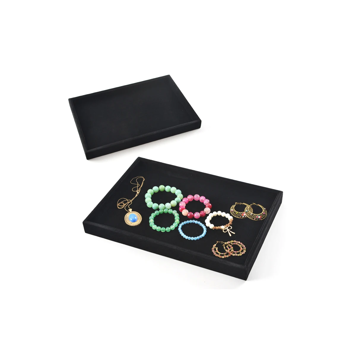 

High Quality Custom Jewelry Packaging Box Black Velvet Empty Plate Jewelry Box With Storage Bracelet Display