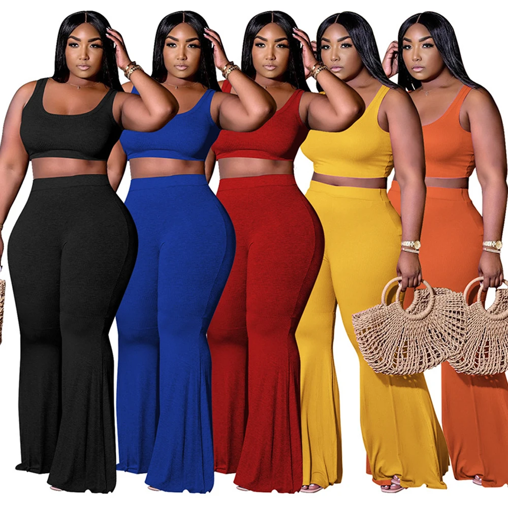 

2021 new arrivals Summer Fashion Two Piece Pants Set Women Tank+Flare Pants Solid Plus size High Waist Stretchy Outfit Clothing