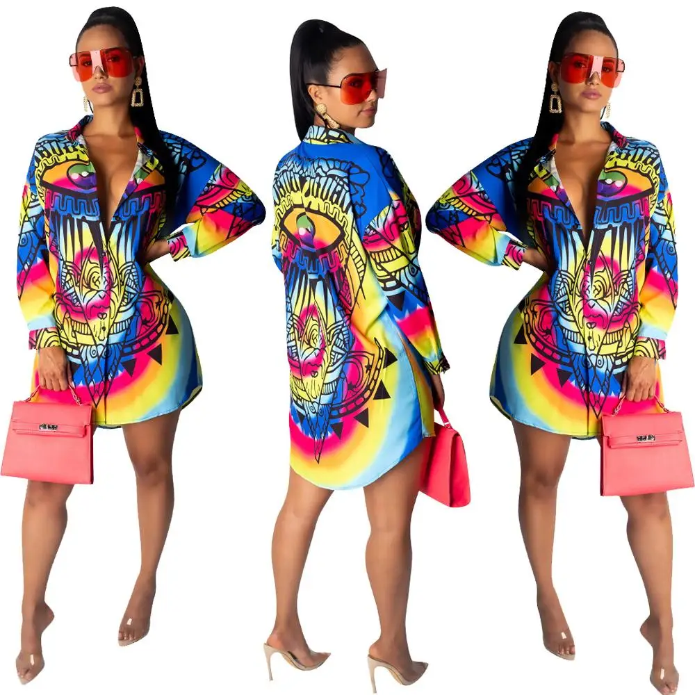 

fashion print shirt dress style deep v neck sexy woman long sleeve blouse, As pictures showed